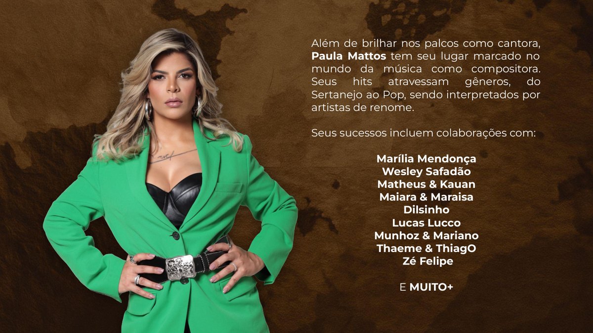 Paula Mattos como cantora e compositora com lista de artistas parceiros.