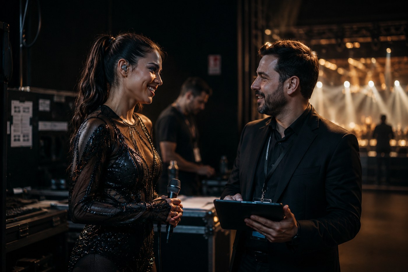 Bastidores de evento, equipe organizando apresentação.