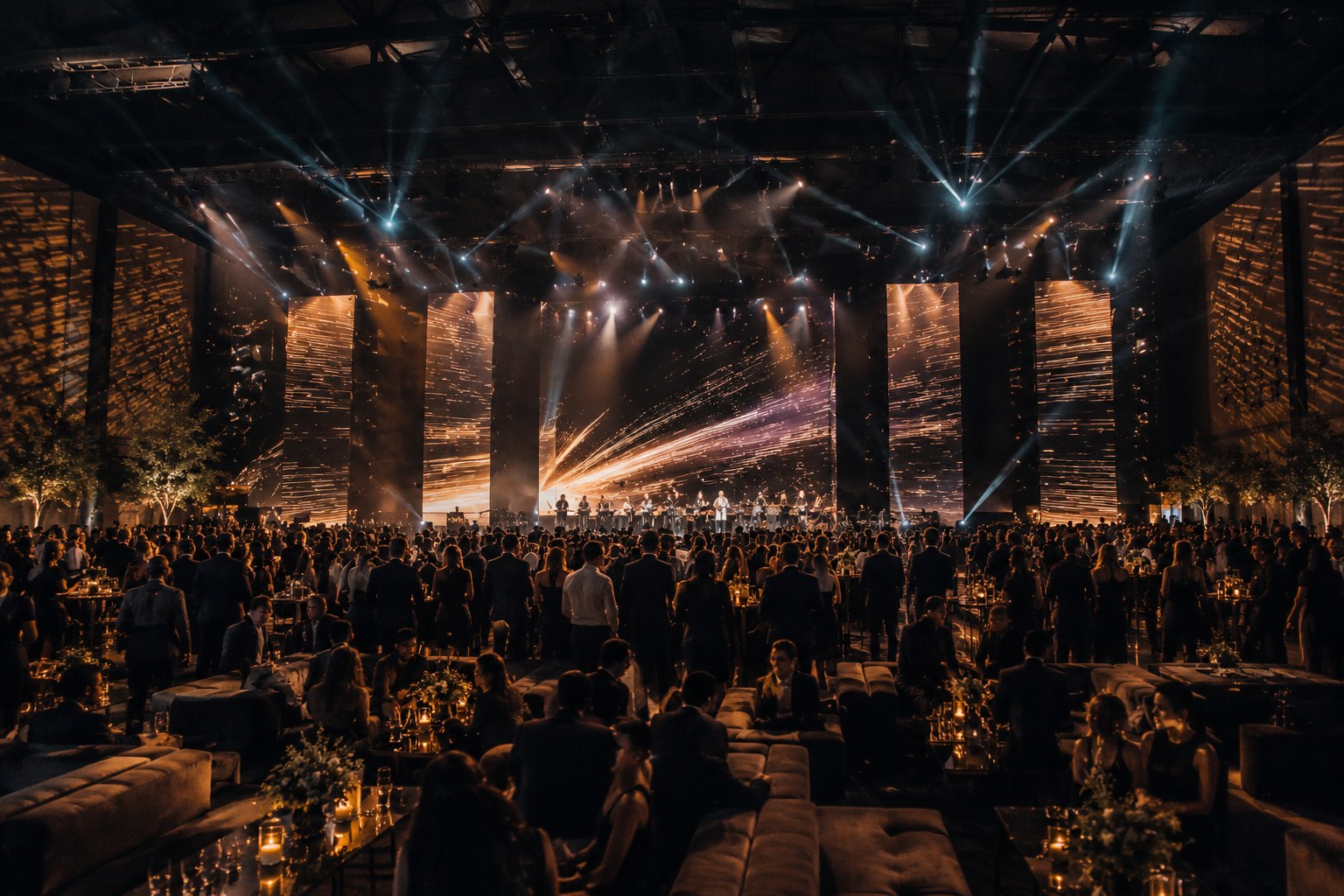 Case visual de grande evento corporativo com palco e plateia.
