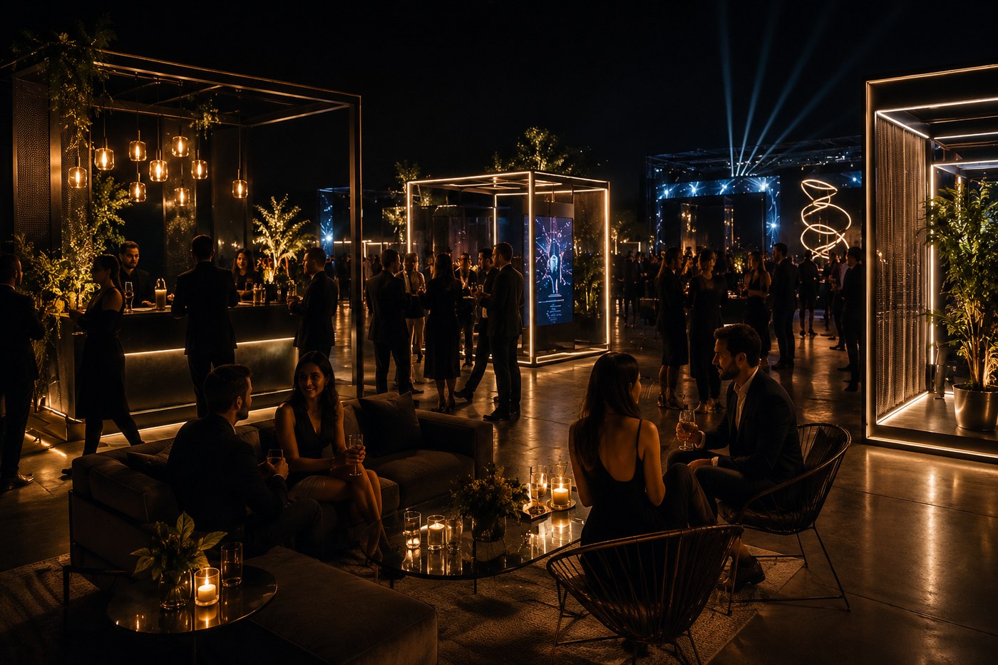 Lounge elegante com convidados em uma experiência de marca.