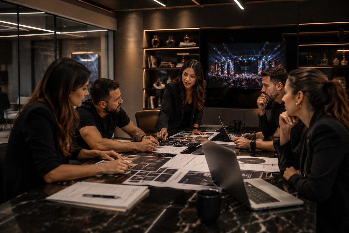 Planejamento de projeto em uma mesa de reunião criativa.